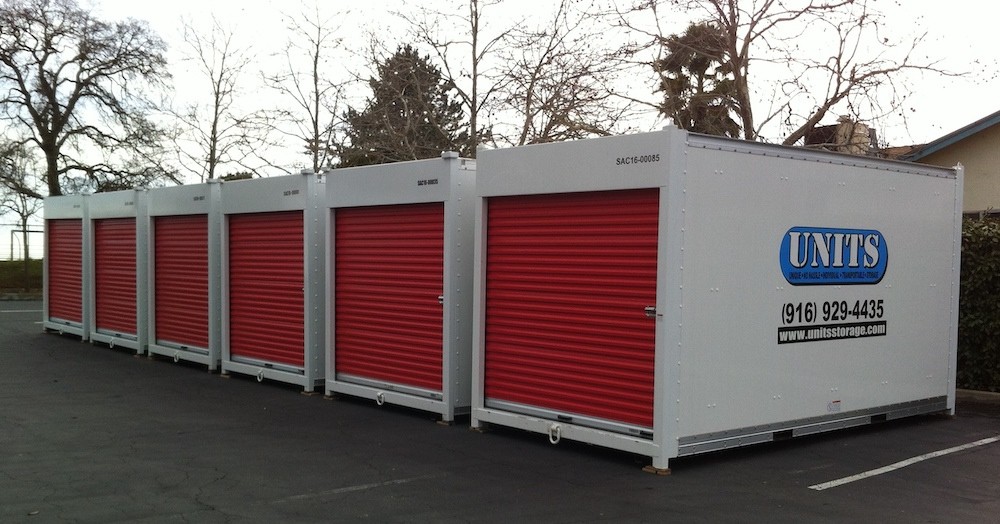 row of UNITS containers offering portable storage in citrus heights, ca